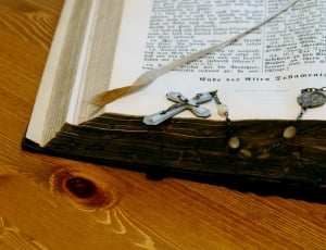opened bible on brown wooden surface thumbnail