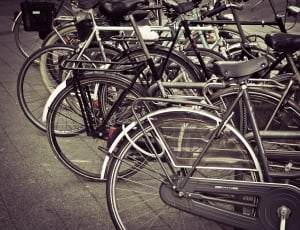 assorted road bikes parked in gray concrete pavement thumbnail