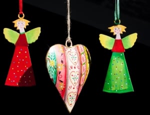 red and green angel pendant and pink heart pendant thumbnail