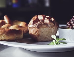 bread and muffin on white ceramic plate thumbnail