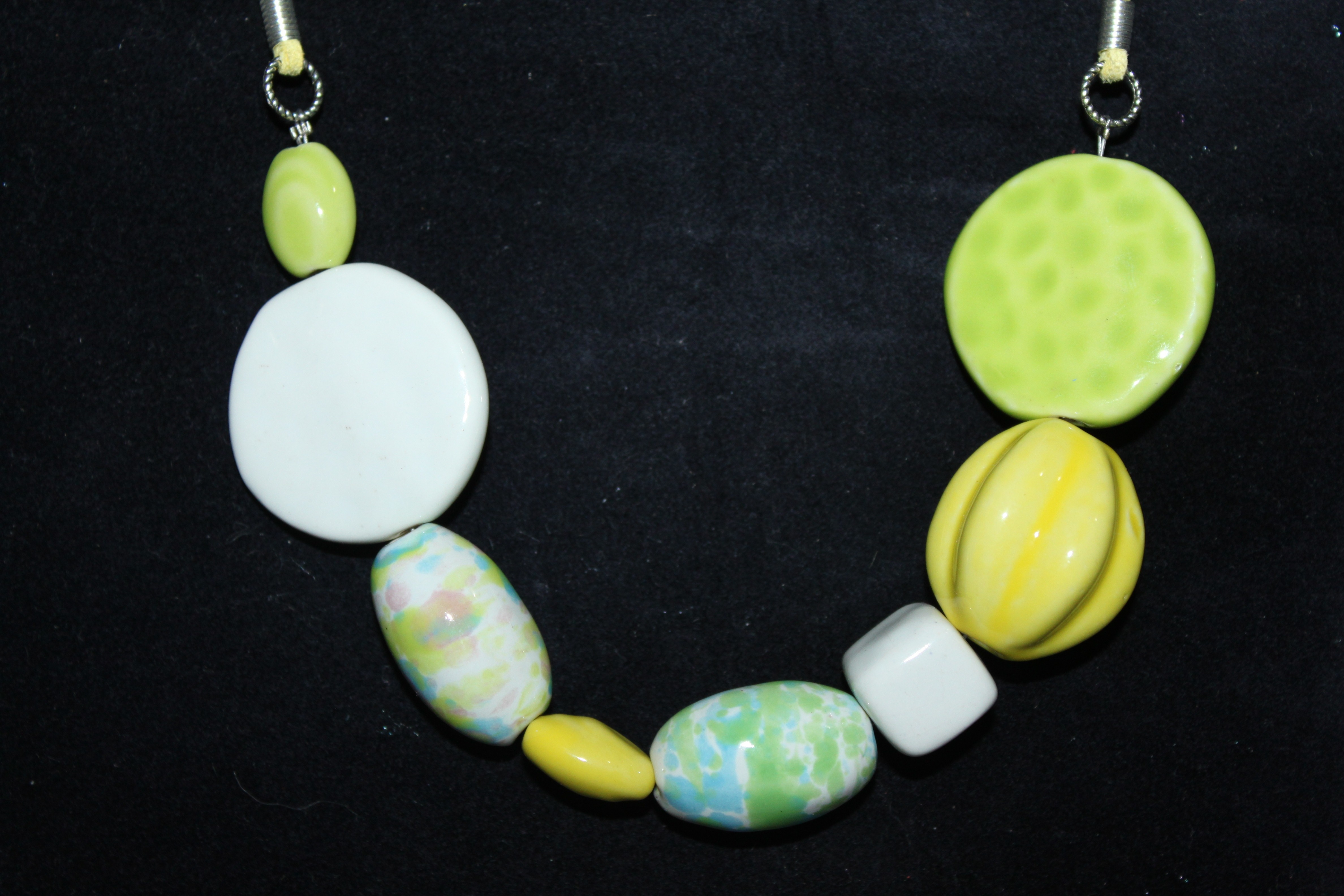 white yellow and green beaded necklace