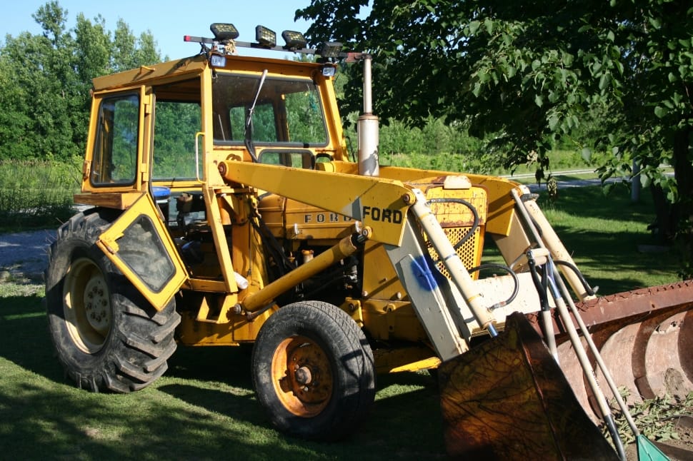 yellow front loader near tree preview