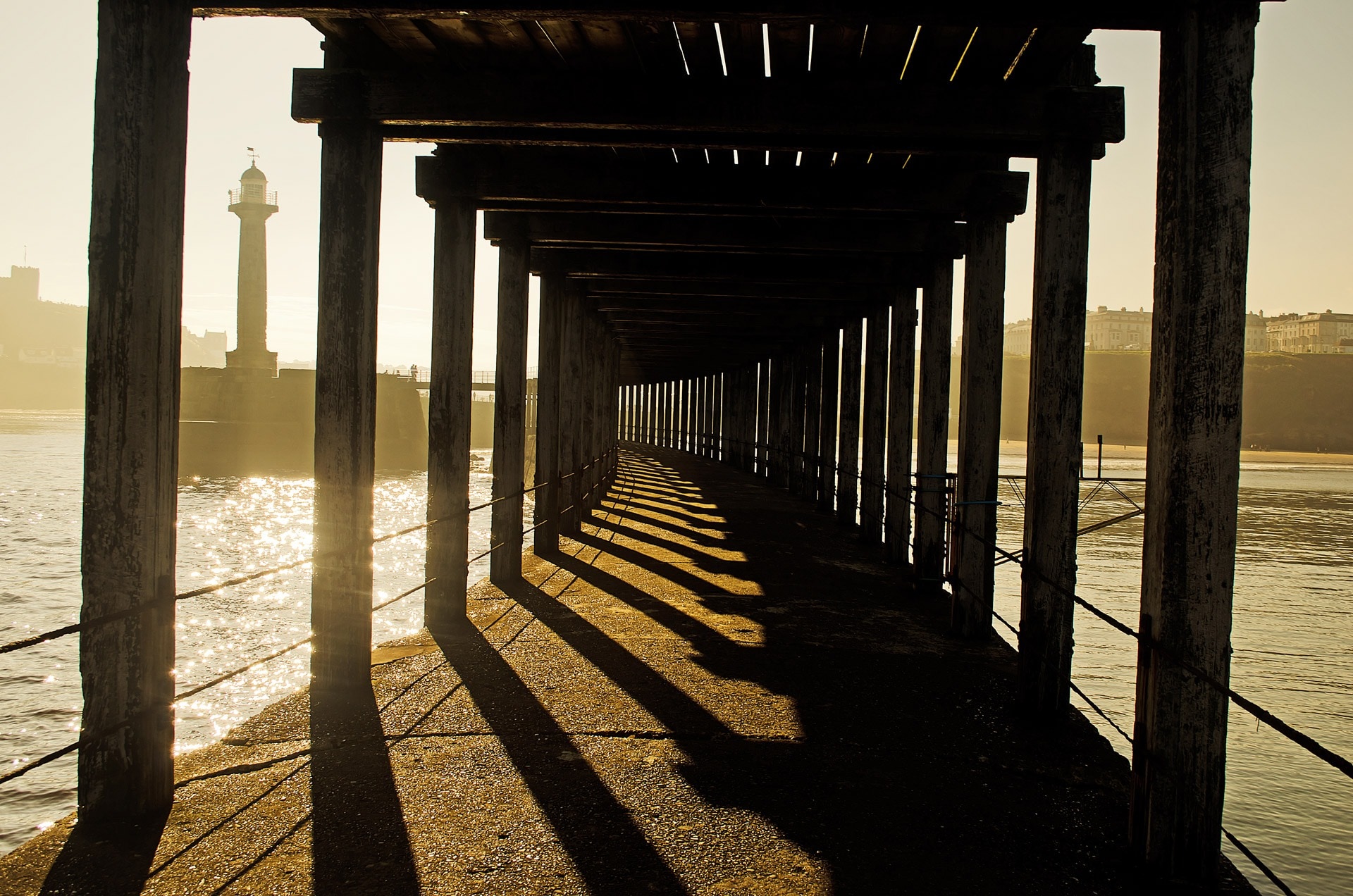Pillars, Sea, Lighthouse, Wooden, Old, shadow, architecture