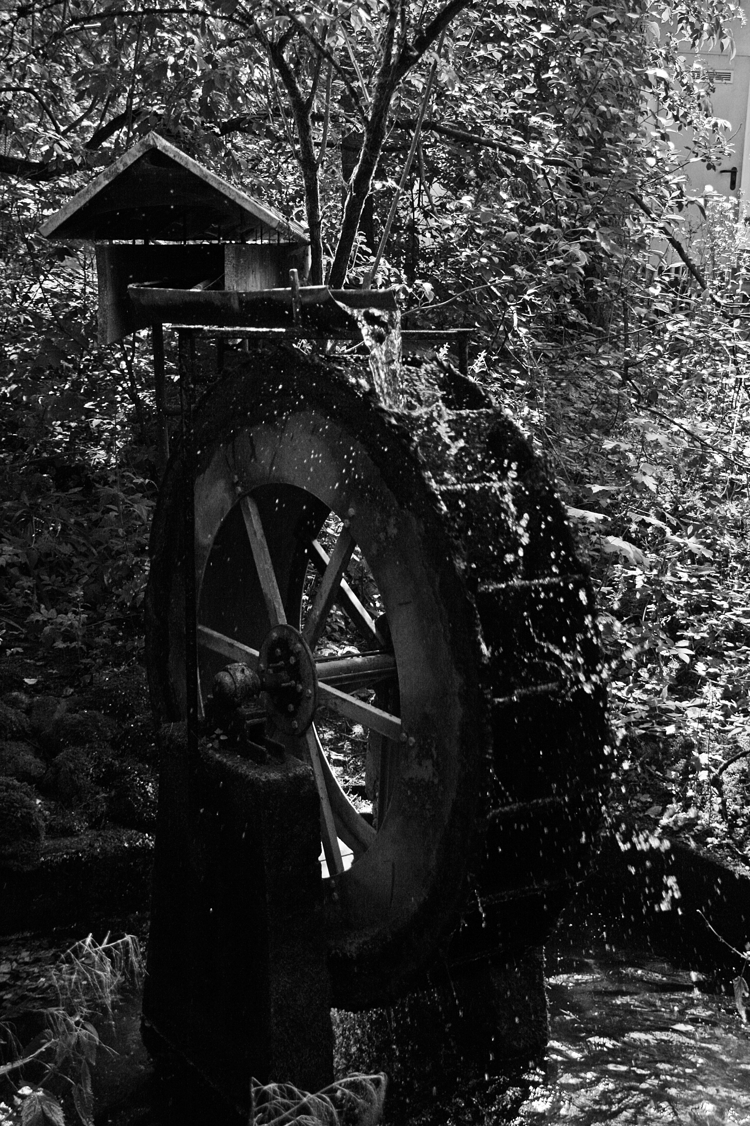 greyscale photo of watermill