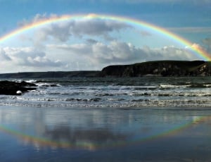 Coast, Sky, Rainbow, Beach, Seaside, rainbow, reflection thumbnail