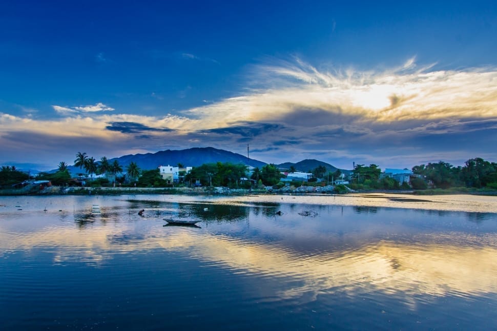 blue body of water in front of trees and mountain during daytime preview