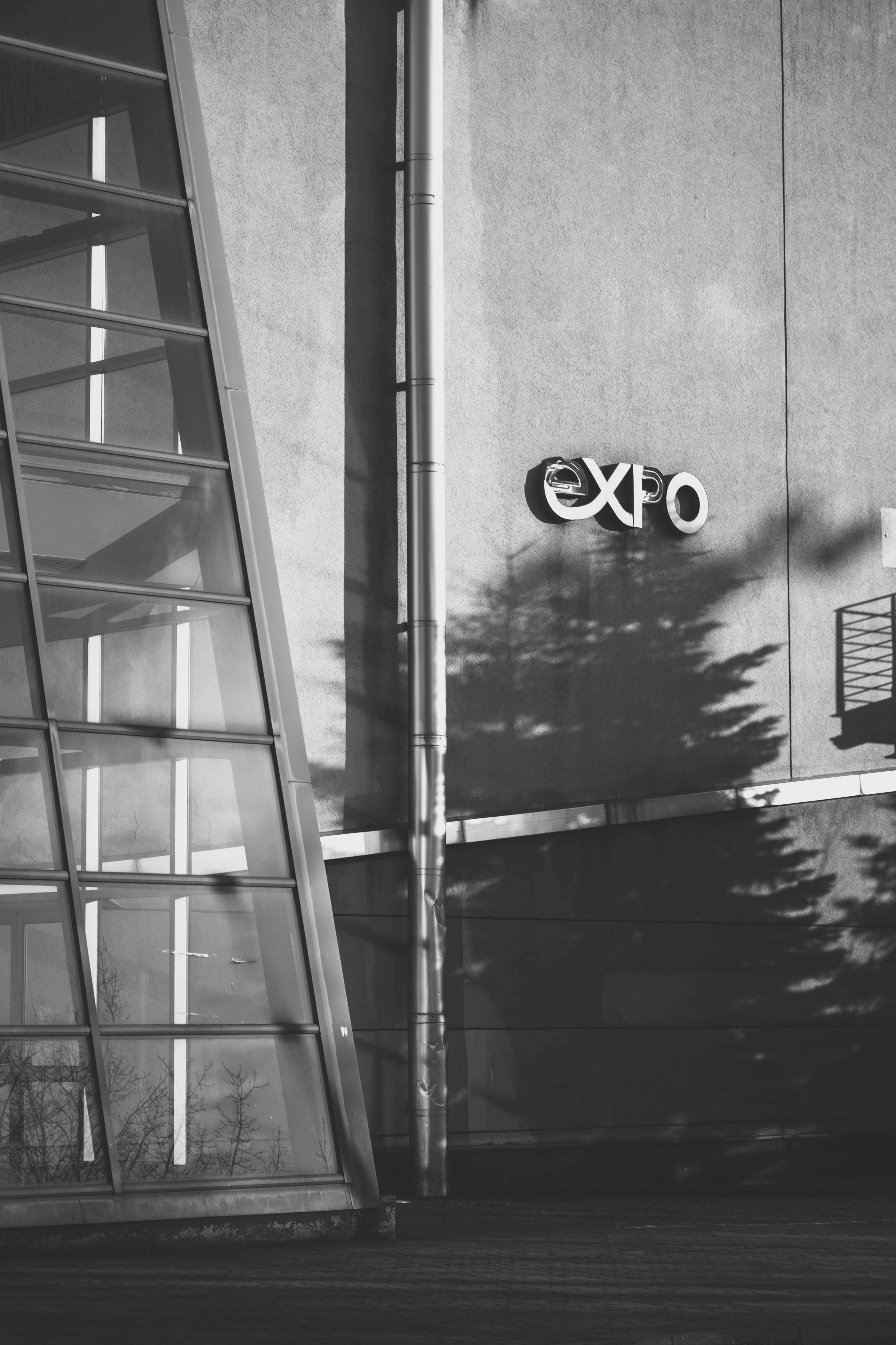 gray scale photo of EXPO signage