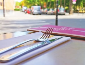 stainless steel fork and knife on table thumbnail