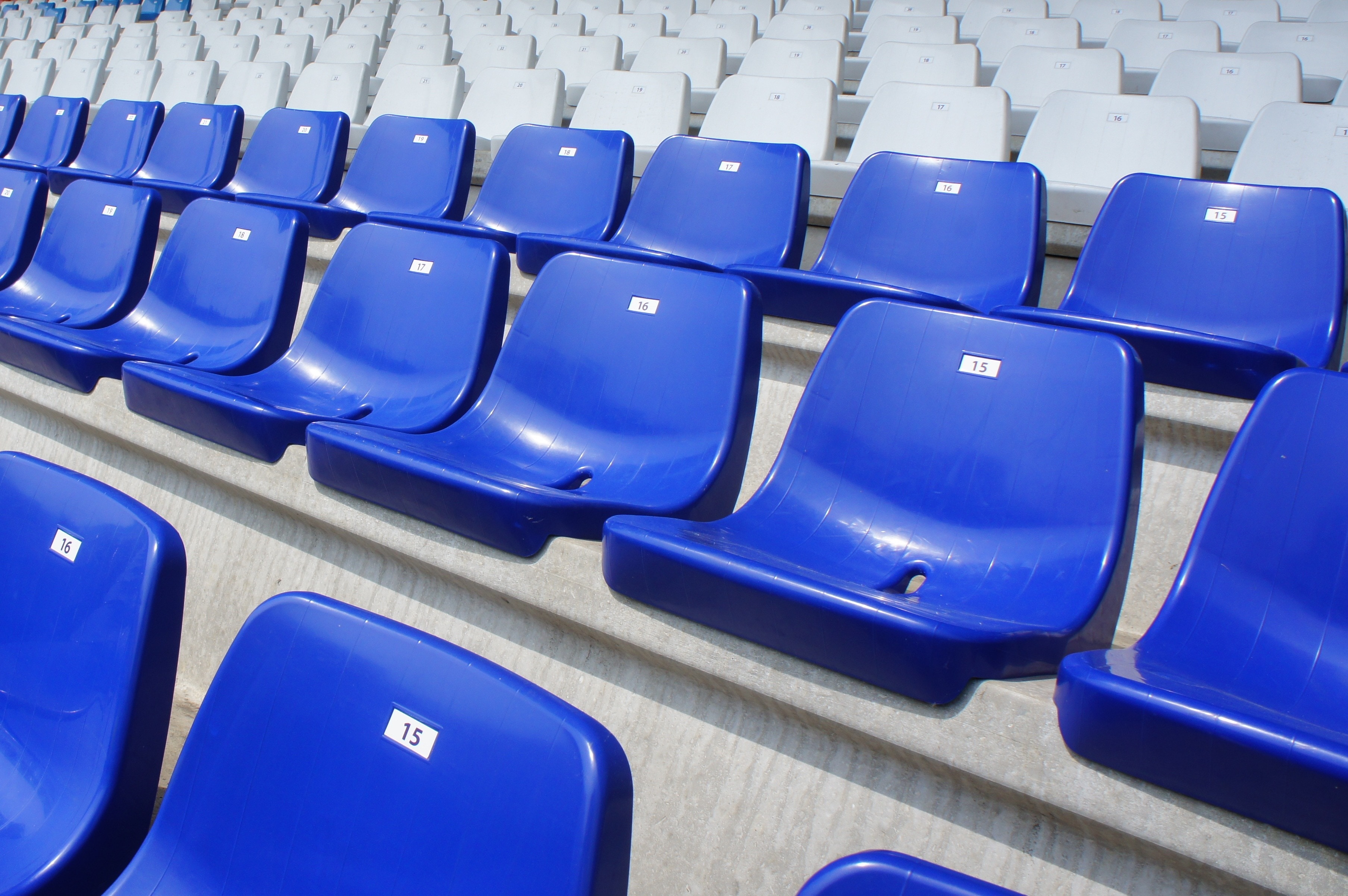 blue and white plastic chairs inside the stadium