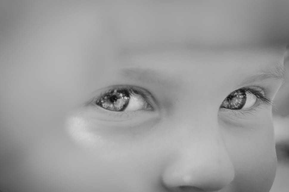 close up grayscale photography of child's eyes preview