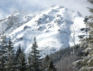 mountain covered with snow under cloudy sky thumbnail