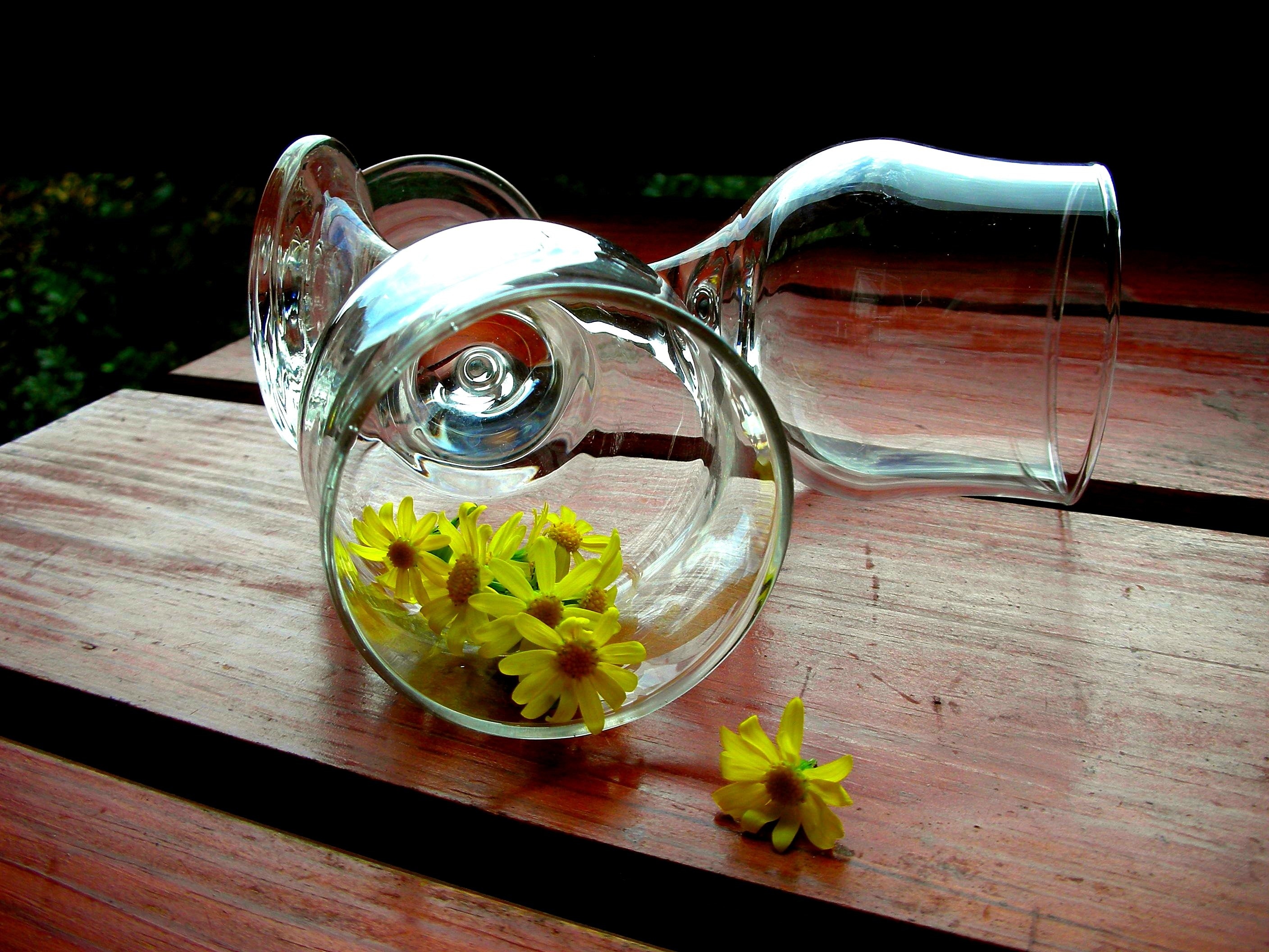 2 clear wine glasses and artificial sunflowers