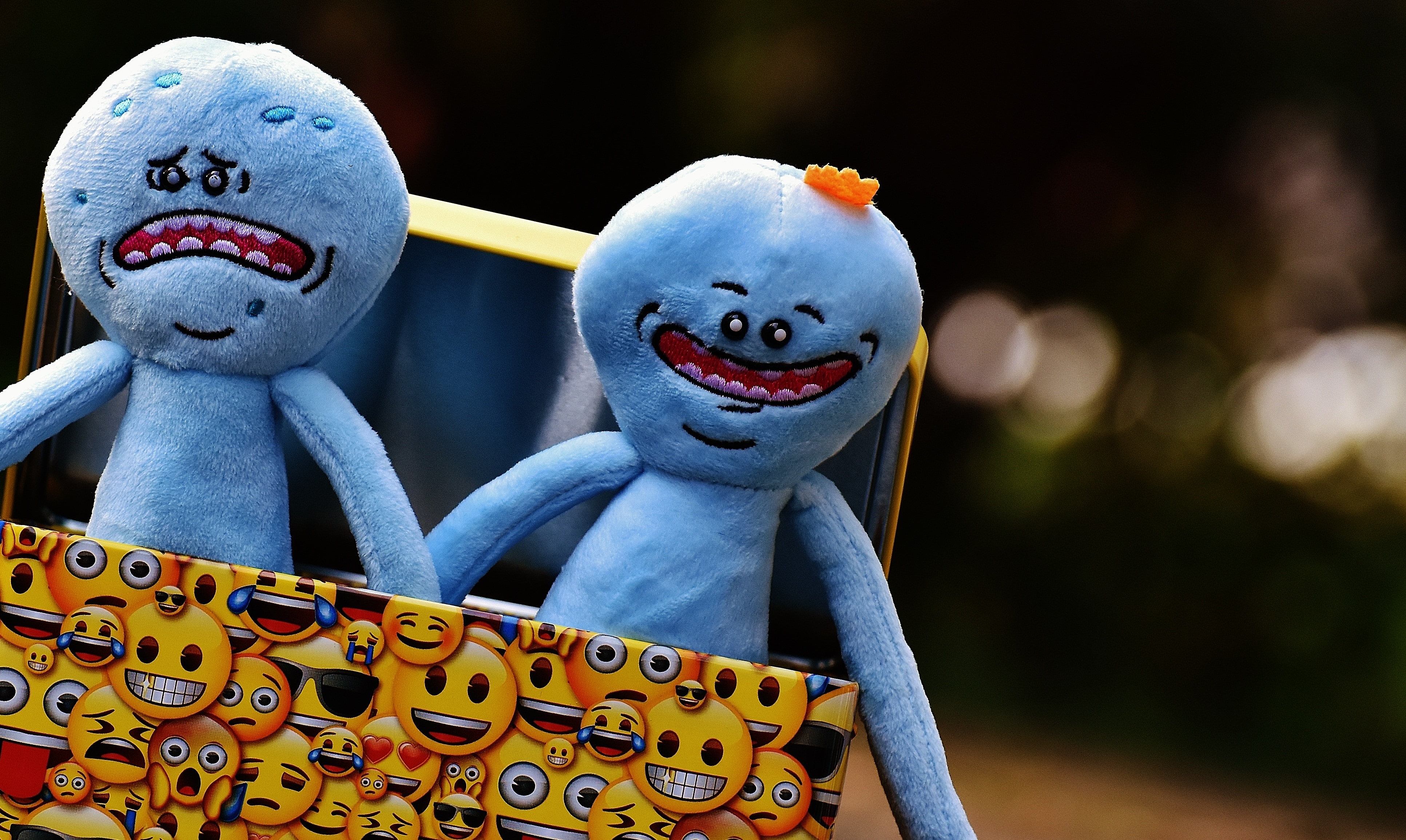 2 blue emoji plush toys