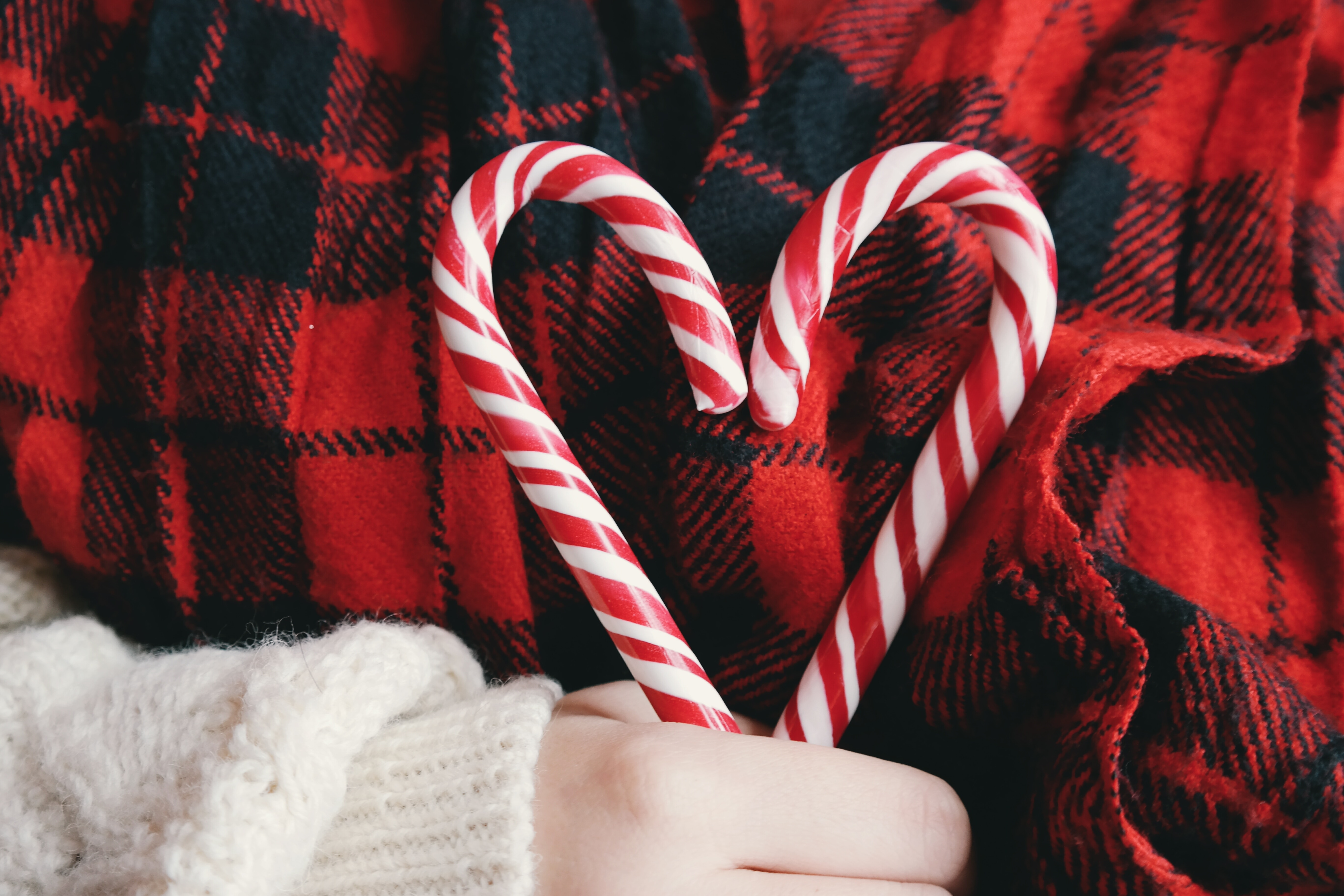 person in red and black checked shirt holding 2 white-and-red candy canes