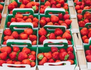 red strawberries in green and white boxes thumbnail