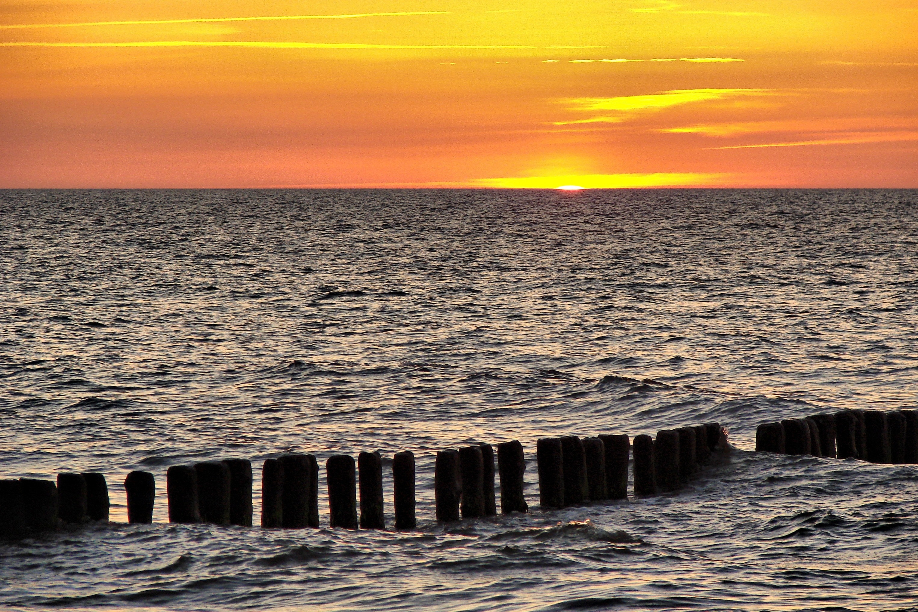 Wood, Sunset, Breakwater, Baltic Sea, sunset, nature