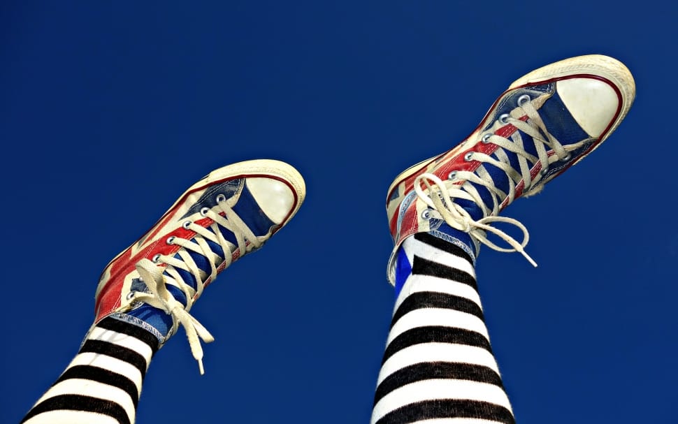 blue red and white lace up high top sneakers preview