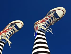 blue red and white lace up high top sneakers thumbnail