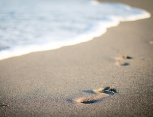 a picture of brown sand and body of water with foot prints thumbnail