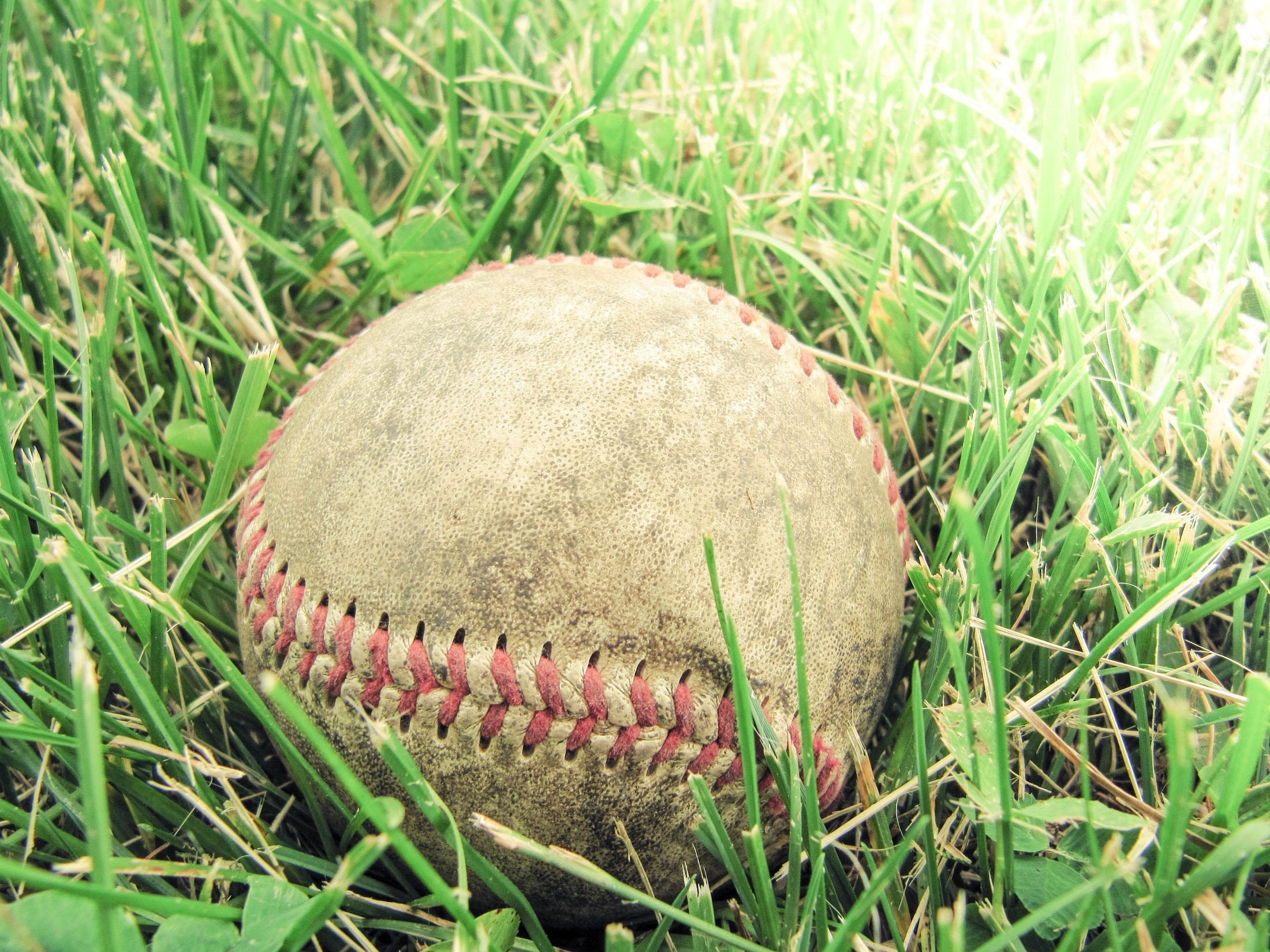 white and red baseball on green grass field