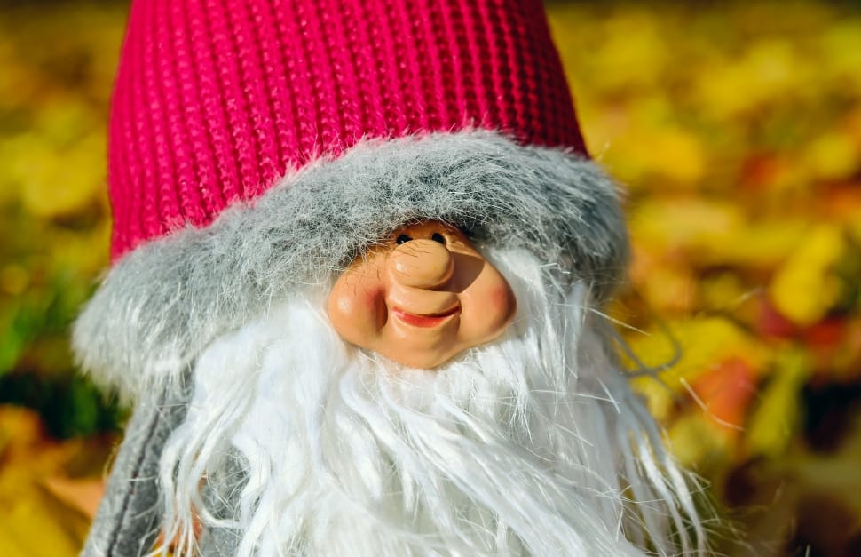 gnome in red and gray fur lined knit cap preview