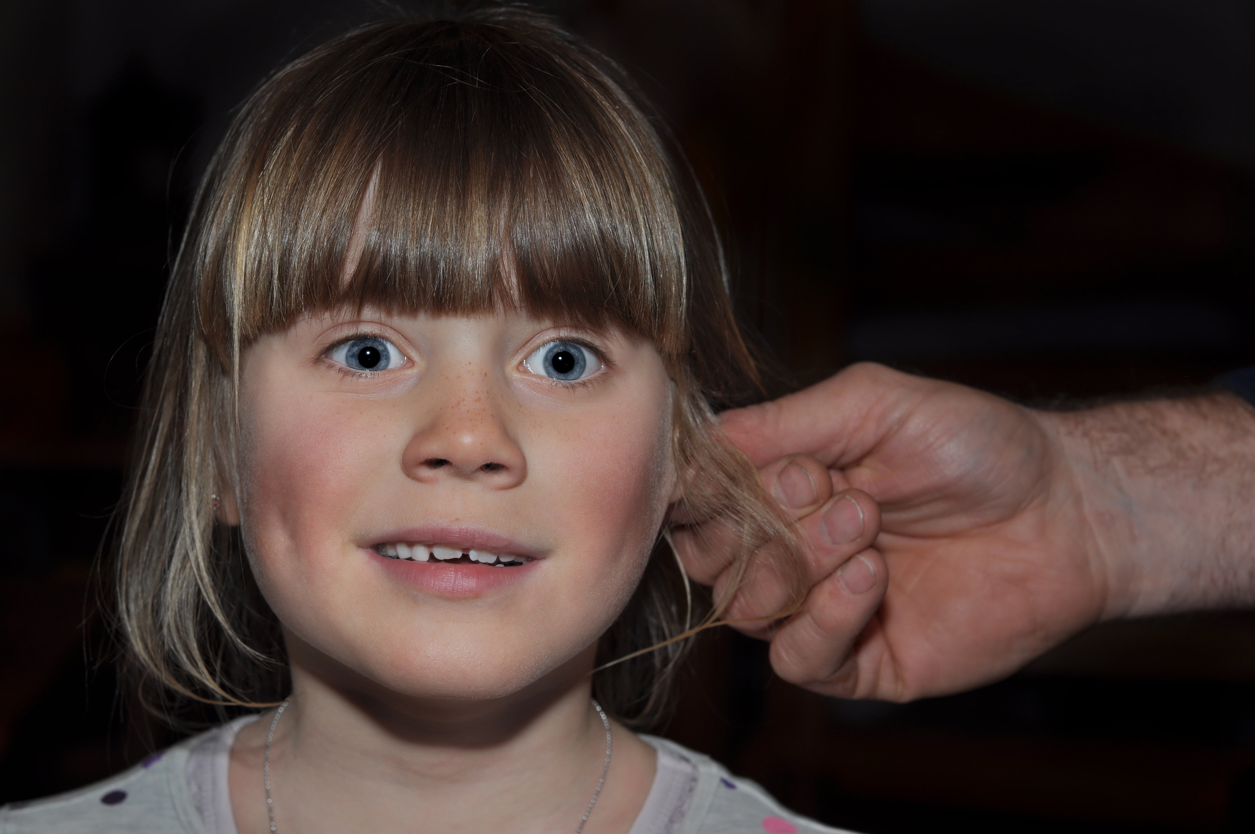person holding the left ear of a girl