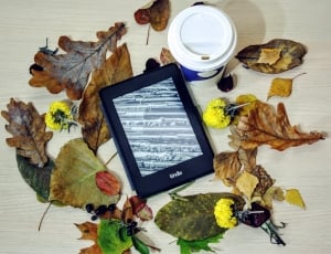 blue Amazon Kindle eBook reader on white wooden table top thumbnail