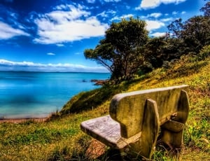 white wooden bench on green and a blue body of water in front of it thumbnail