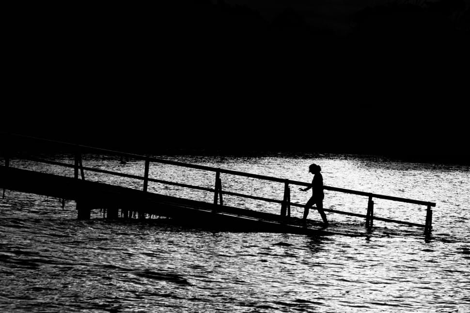 gray scale photography of woman on dock preview