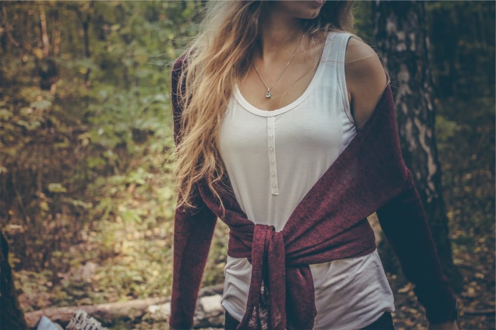 women's white tank top and red cardigan preview