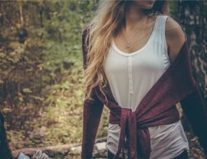 women's white tank top and red cardigan thumbnail