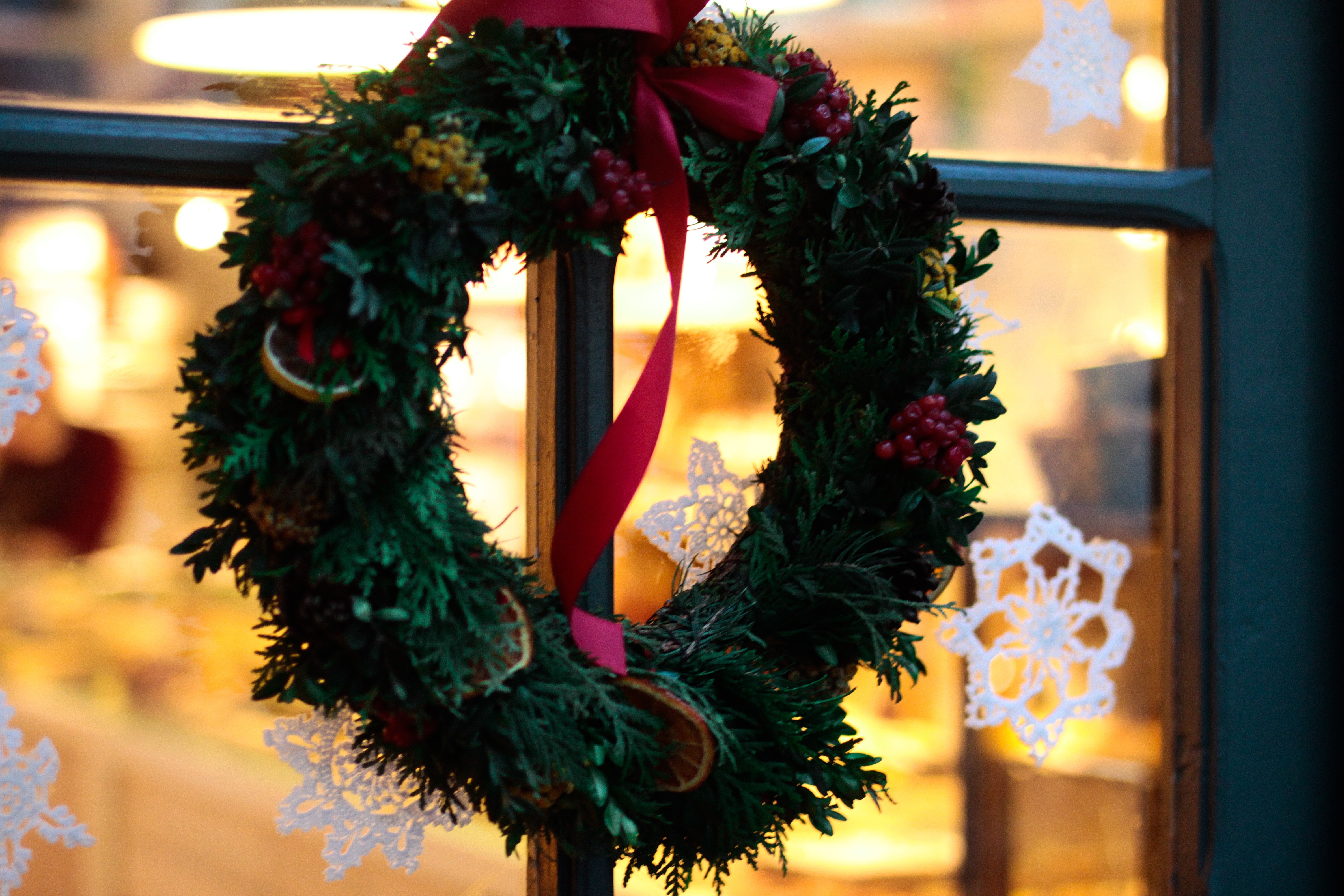 christmas, decor, art, wreath, window, celebration