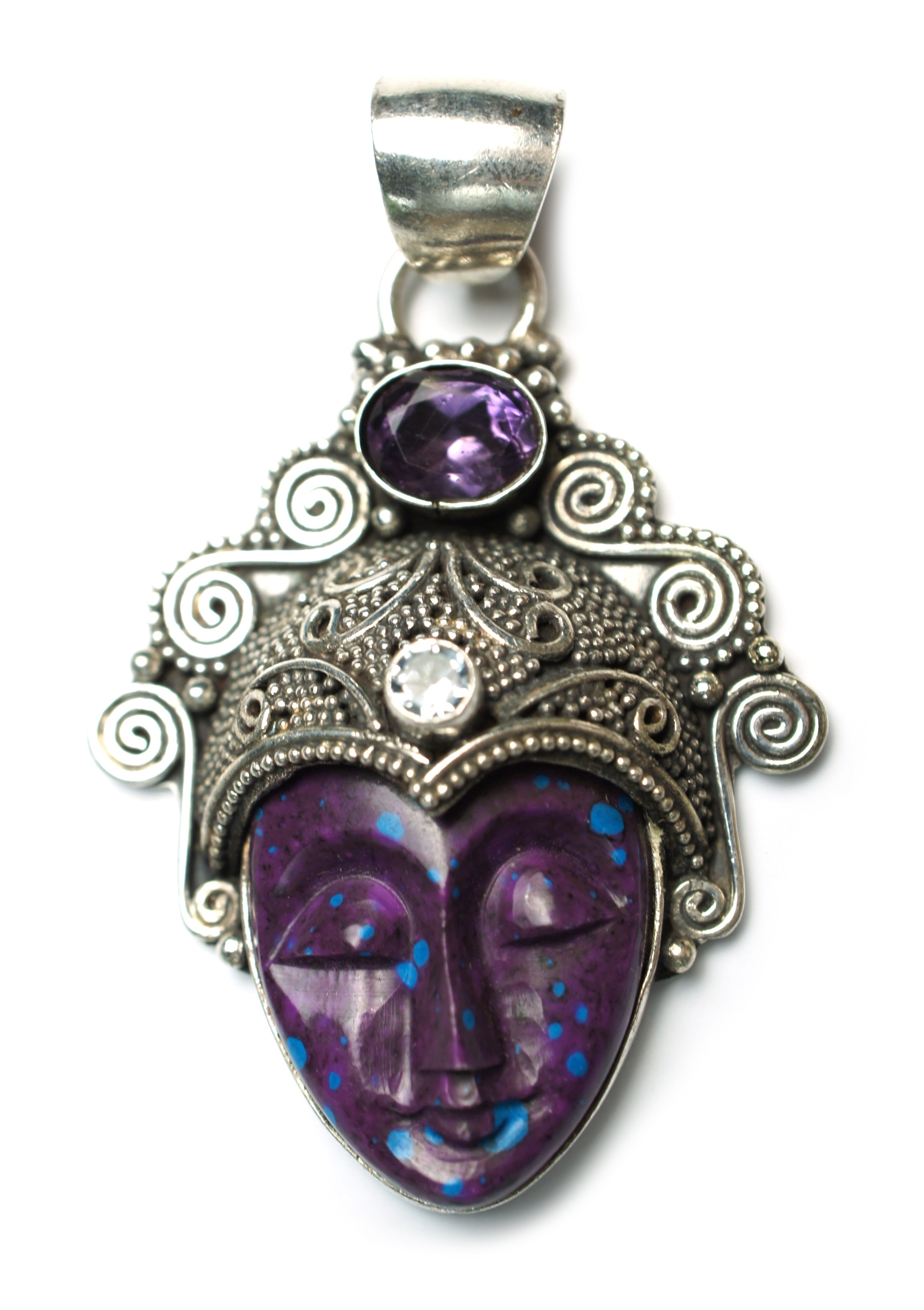 purple silver diamond studded female head pendant