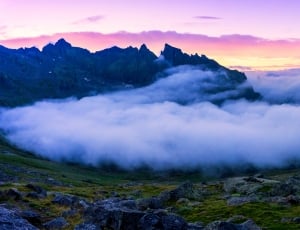 green, grass, rock, summit, fog, nature thumbnail