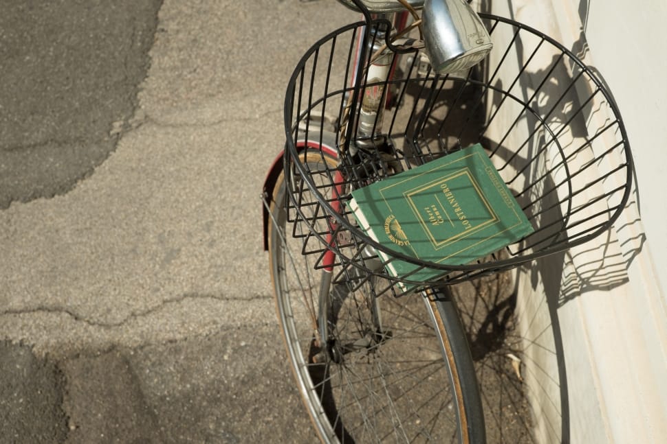 green book in black bicycle basket preview