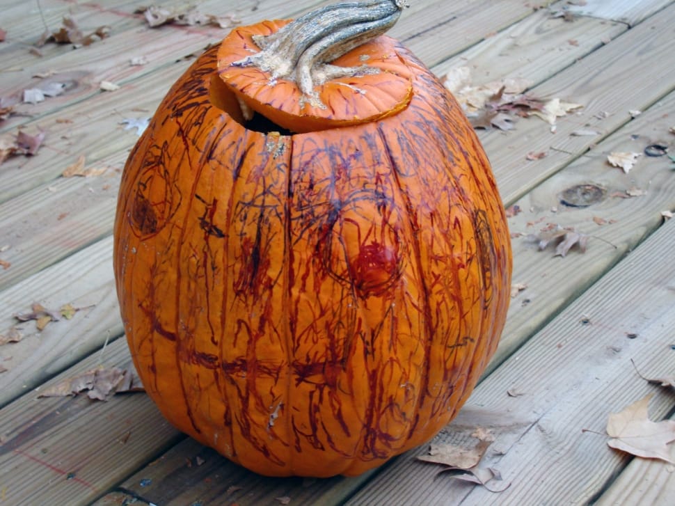 orange pumpkin with assorted doodles on top of gray wooden surface on a sunny day preview