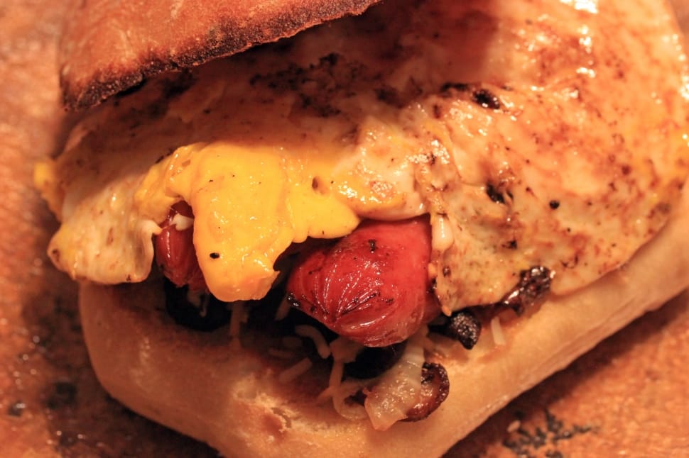 hotdog and egg caramelized onion in hotdog bun preview