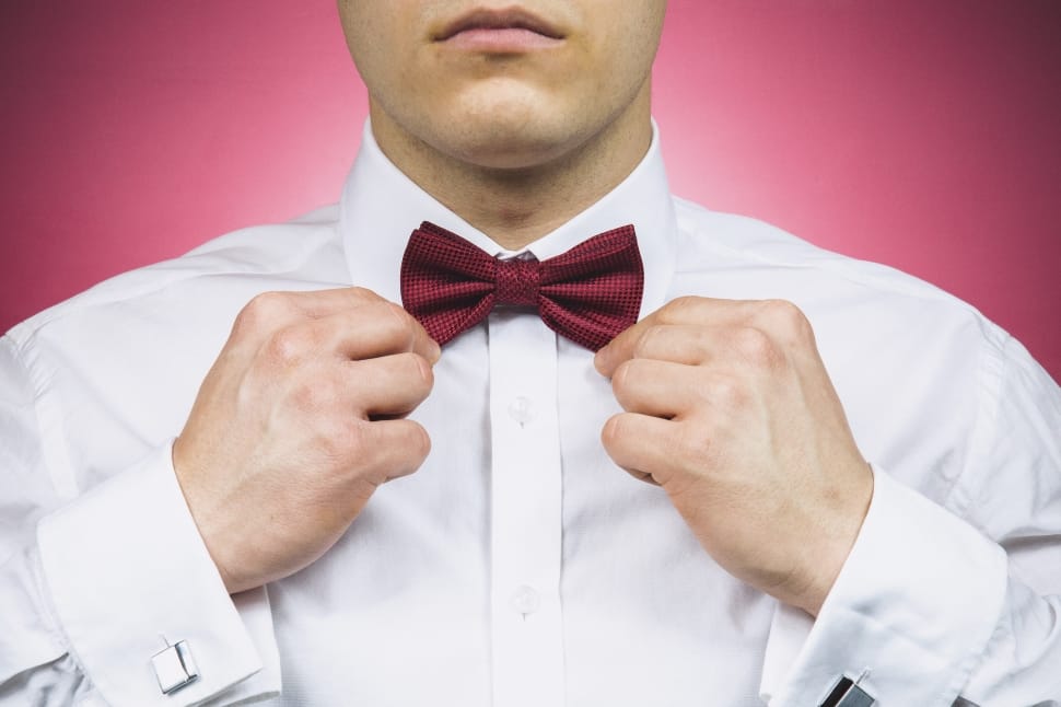 men's white dress shirt and red bowtie preview