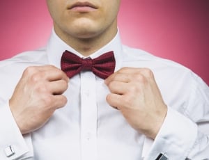 men's white dress shirt and red bowtie thumbnail