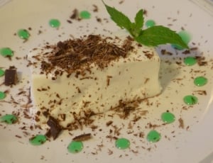 rectangular pastry with chocolate on top in white ceramic plate thumbnail
