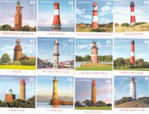 white, brown, and red lighthouses print postage stamps thumbnail