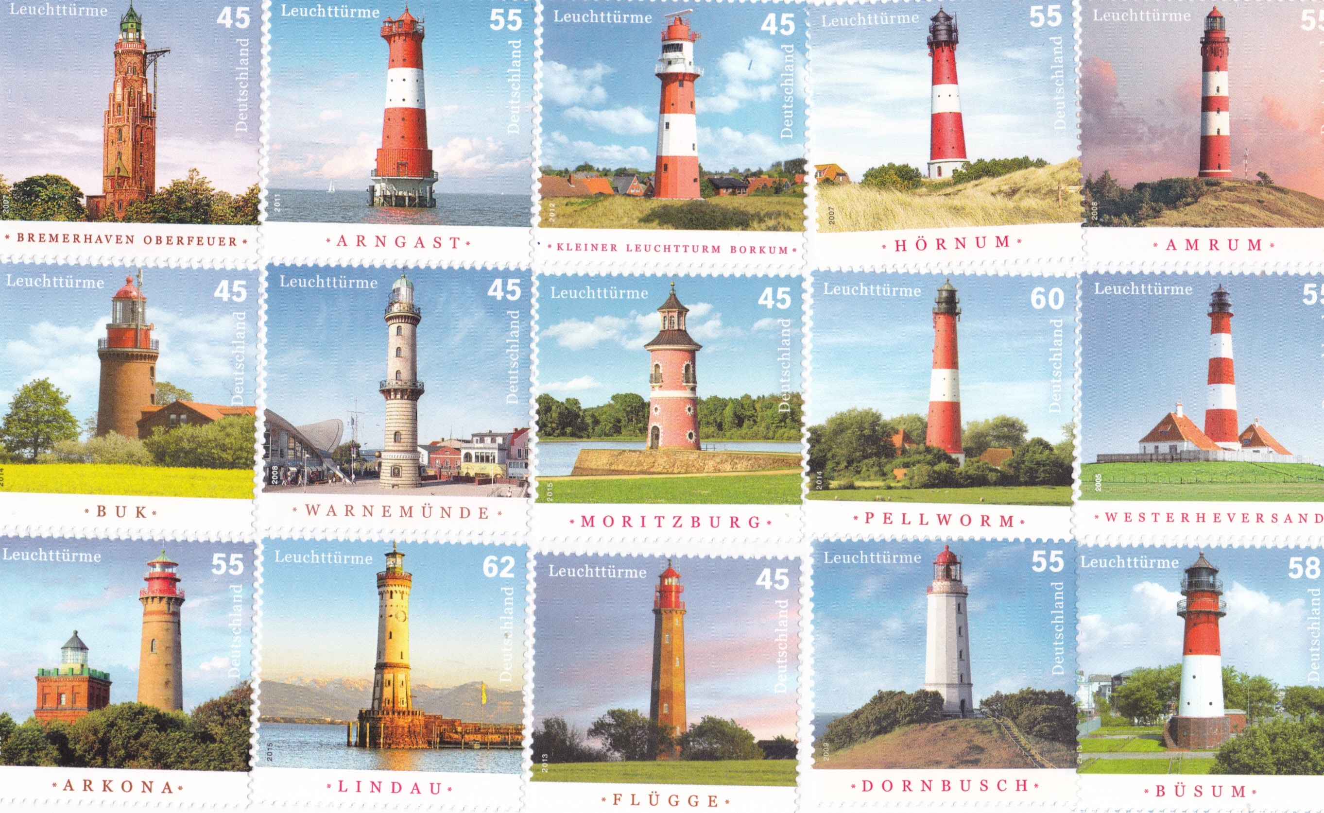 white, brown, and red lighthouses print postage stamps