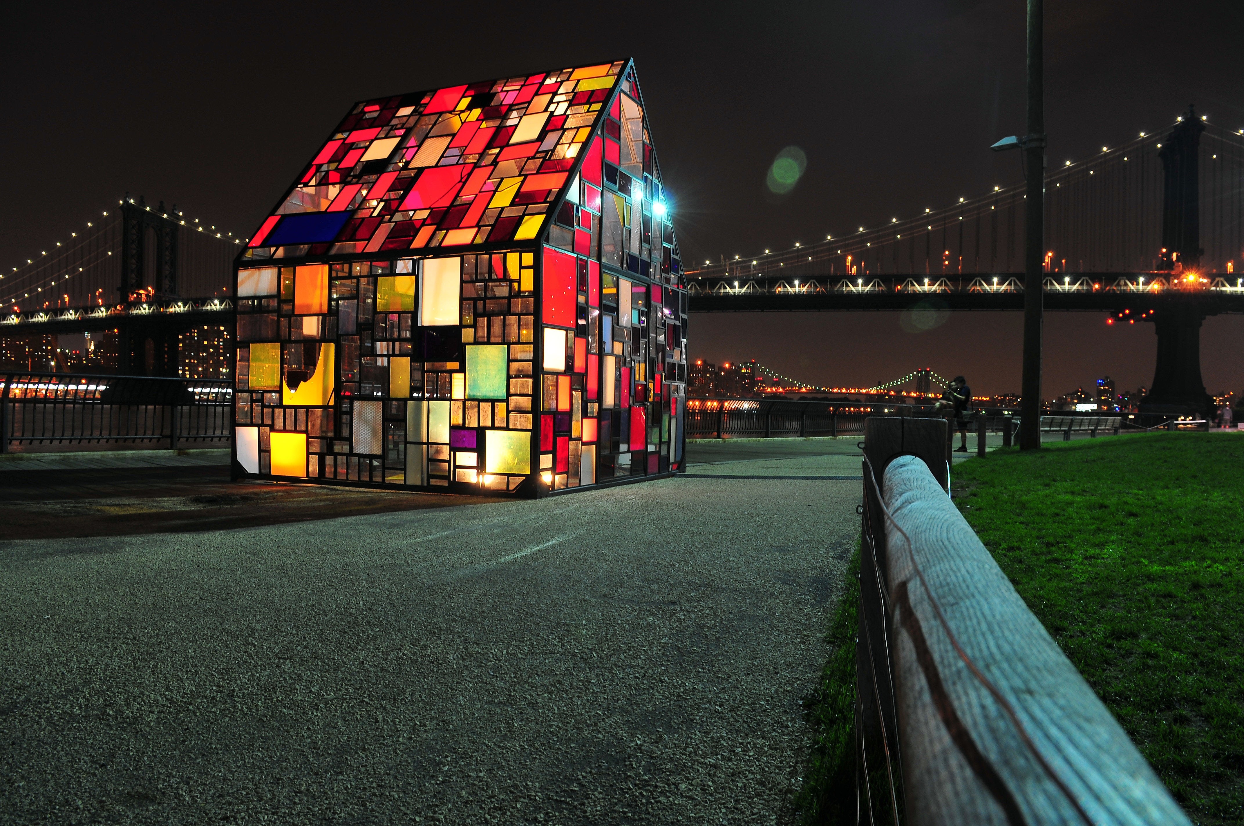 Bridge, Manhattan, House, Glass, night, illuminated