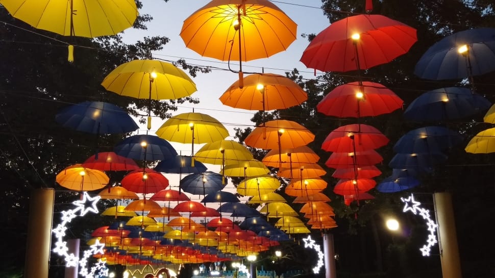hanged umbrellas with lights preview