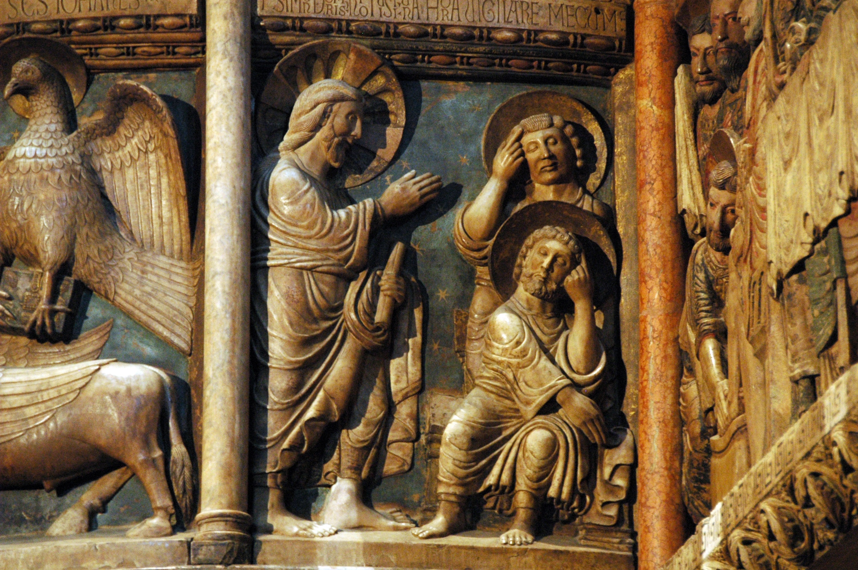 3 religious person's high relief sculpture