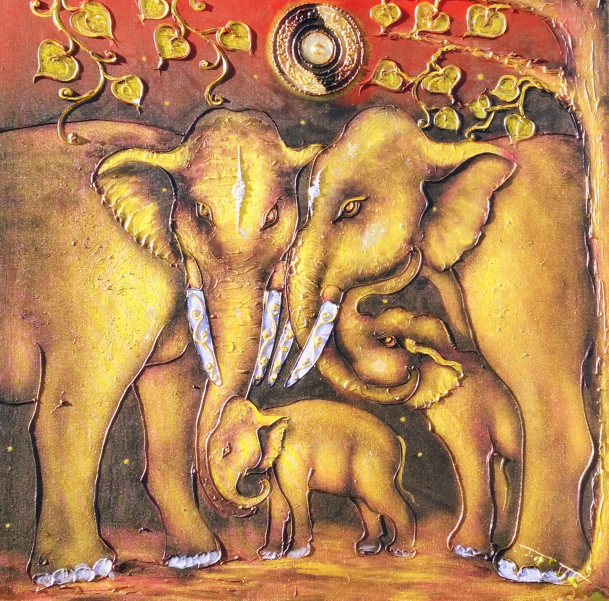Elephant, Pachyderm, Elephant Family, painted image, gold colored