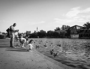 grayscale photo of kids feeding duck thumbnail