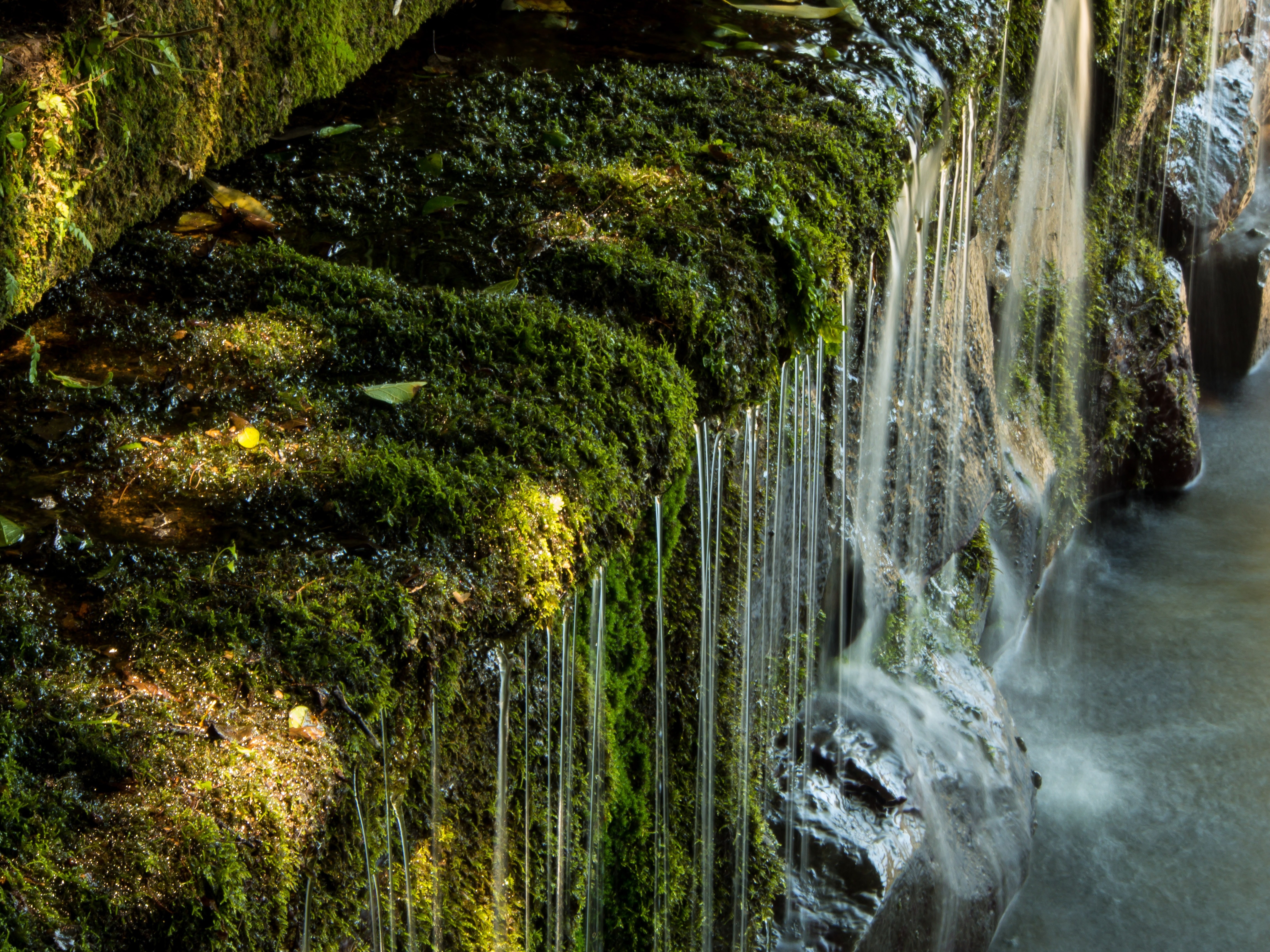 water falls between rocks