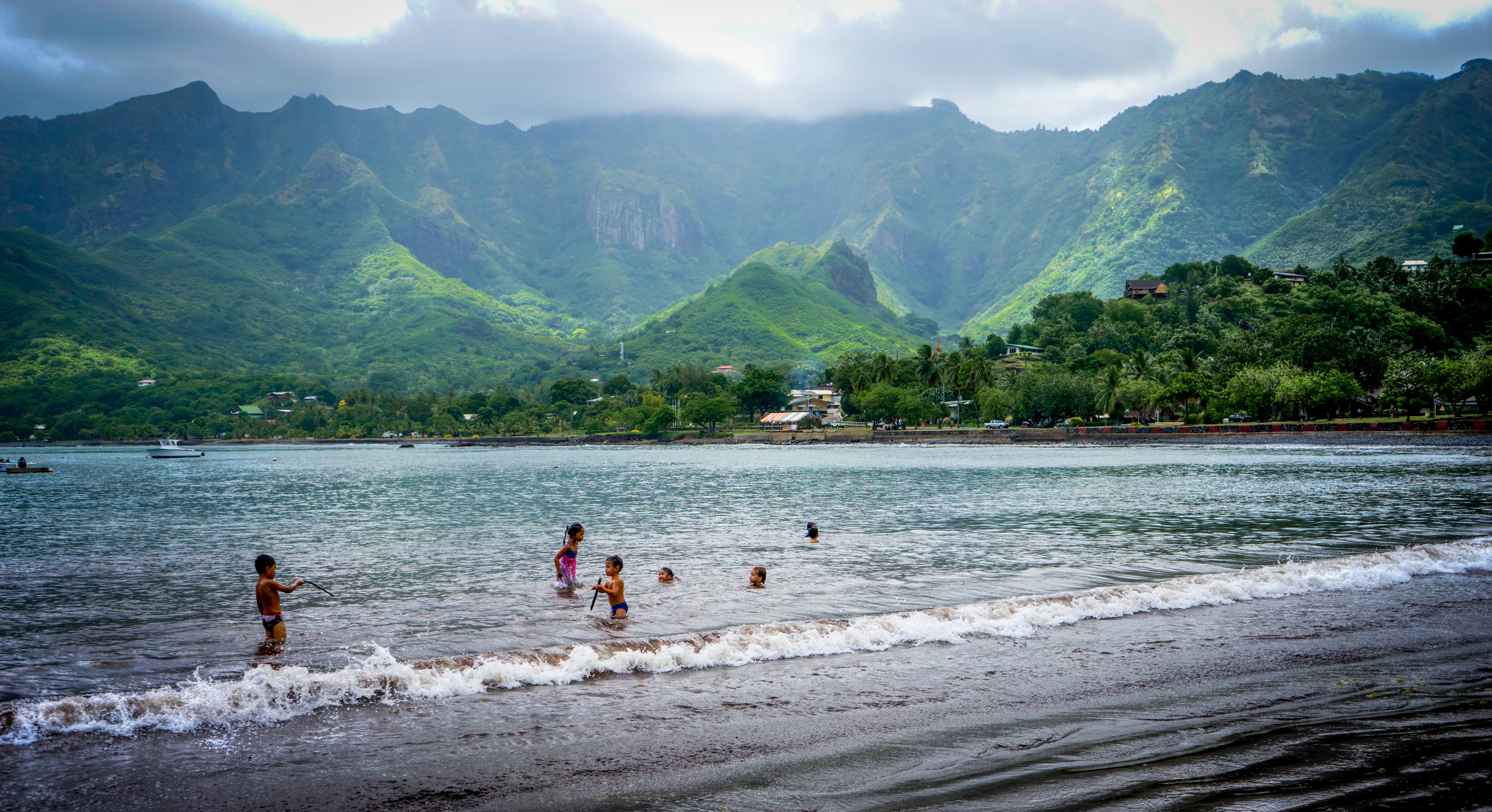 Beach, Nuva Hiva, Marquesas Islands, mountain, two people