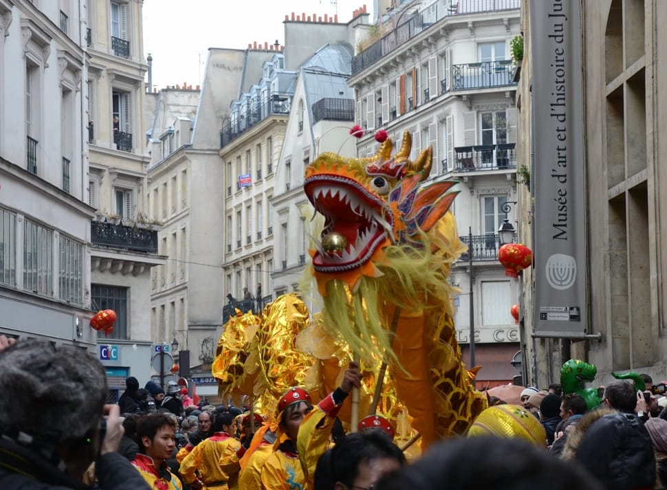 yellow dragon dance surrounded by group of people during daytime preview